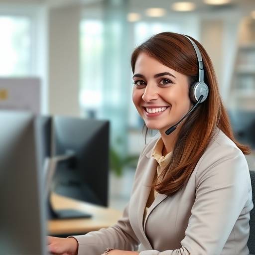 Portrait de Sophie Leclerc, responsable du service clientèle d'Azur Évasion, assise à son bureau et parlant au téléphone avec un sourire