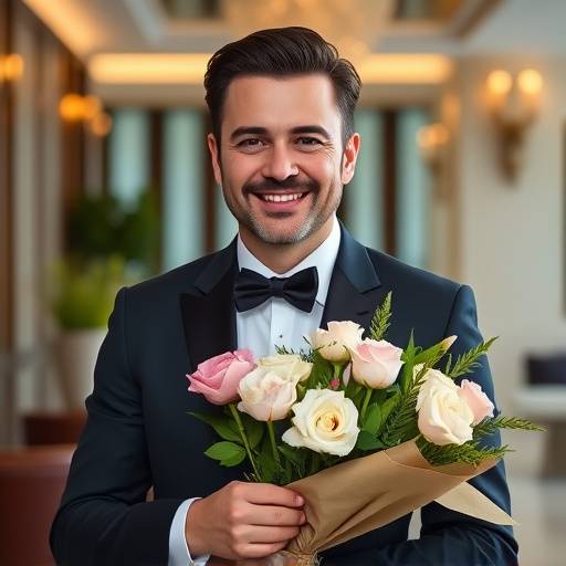 Portrait de Thomas Bernard, concierge personnel chez Azur Évasion, souriant et tenant un bouquet de fleurs devant un hôtel de luxe